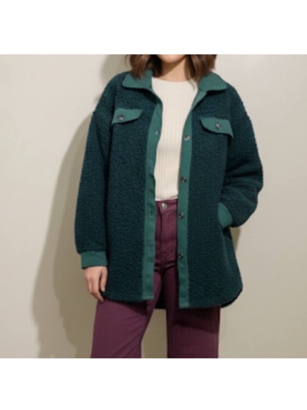 Scarlett • Elie Boucle Teddy Shacket Coat Evergreen Green Size Medium